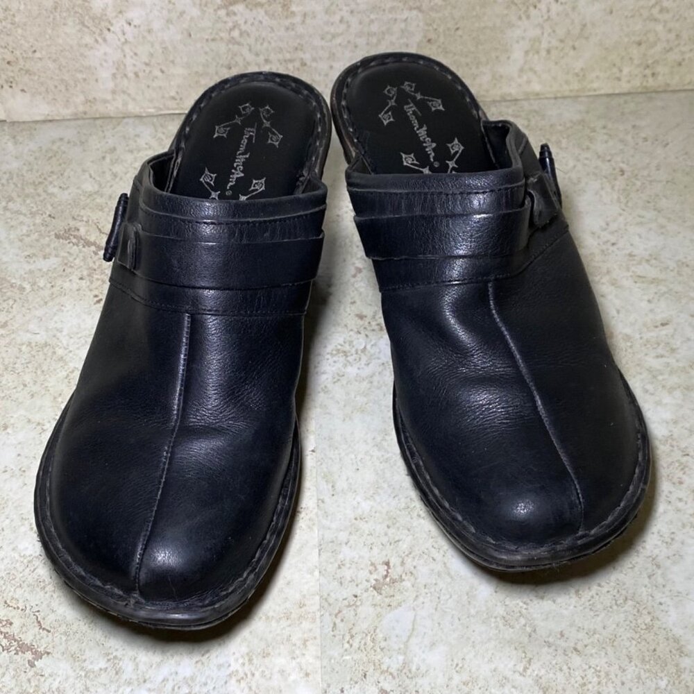 Thom Mcan Davona Womens Black Leather Slip-On Clog Buckle Detail Wedge‎ Heel